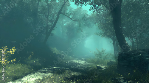 3D Illustration - Misty Forest Path, Trees, Fog, Green
