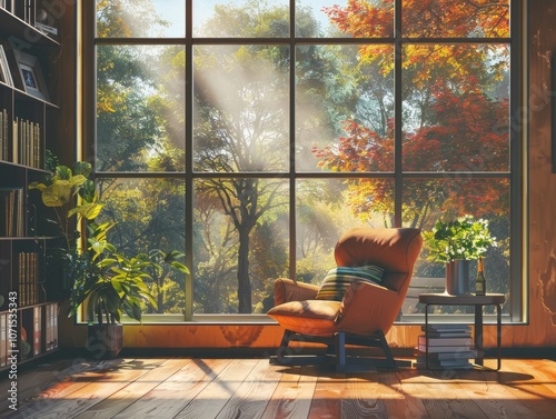 A serene and cozy reading nook with a comfortable chair and a large window offering a scenic autumn view with warm sunlight