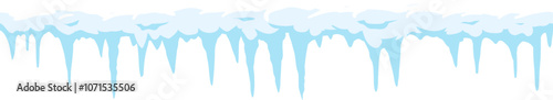 Cartoonish light blue icicles hanging down from a layer of snow, with some of the ice melting, creating a winter wonderland scene