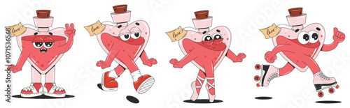 Pink love potion characters in retro groovy style. Set of cartoon love bottles. Stickers for Valentines Day. 