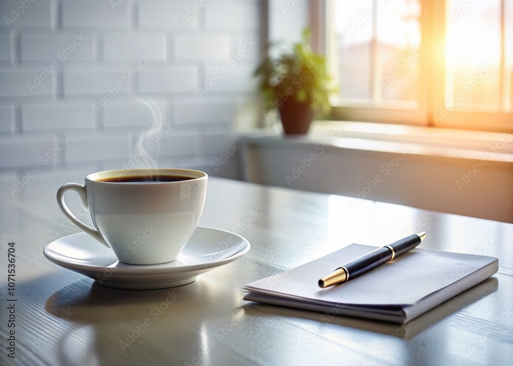 Obraz premium White Table Coffee Cup Pen Still Life Photography, Minimalist Coffee Scene, Studio Shot