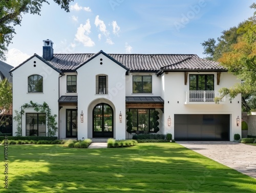 Elegant modern white house with symmetrical design, large windows, and a well-manicured lawn