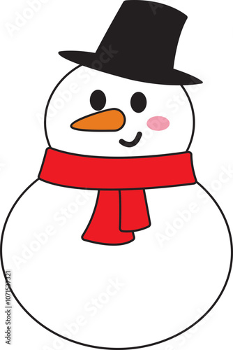 Cute Cartoon Snowman with Hat and Scarf
