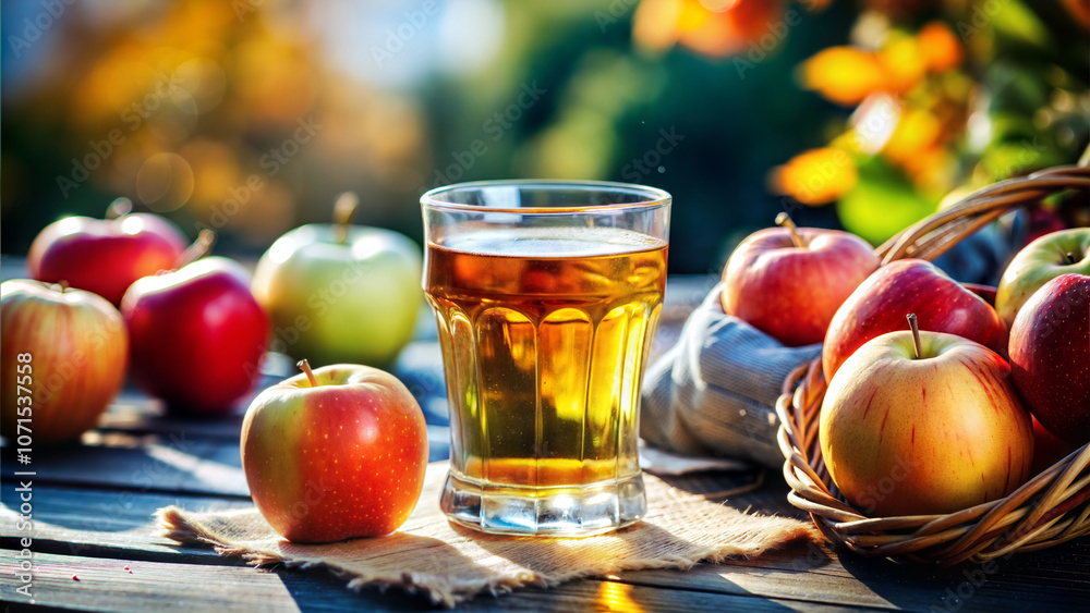 Glass of apple juice with fresh apples on a wooden table in a garden setting during autumn Glass of apple juice with fresh apples on a wooden table in a garden setting during autumn