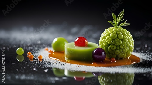 A display of molecular gastronomy, featuring creative presentations and unique textures. molecular gastronomy, innovative cuisine, texture, presentation, fine dining, experimental food