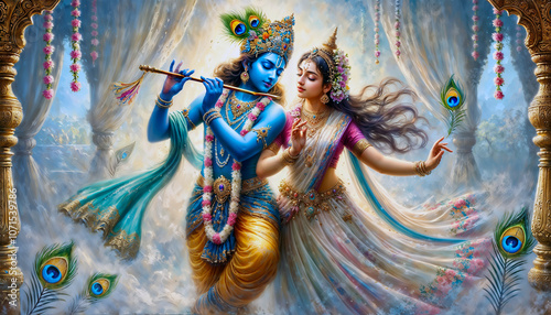  Krishna and Radha portrait symbolising their love in a beautiful artistic painting style, depicting divine connection and spirituality