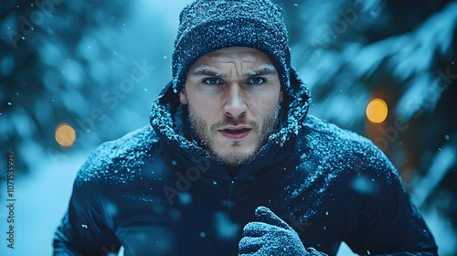 Man Running in Snowstorm Photo