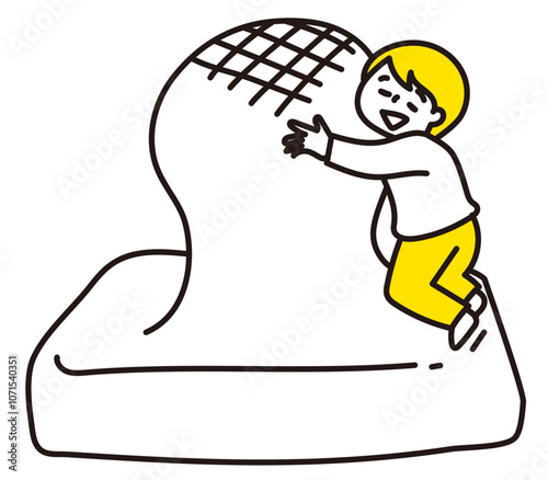 焼いて膨れた餅の上で、愛情を表している人のイラスト
