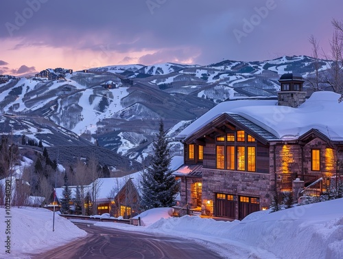 Warm lights emit from a cozy mountain lodge surrounded by snow-covered slopes, conveying a feeling of warmth and shelter against the cold dusk setting photo