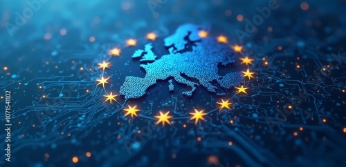 a map of europe on a circuit board with stars