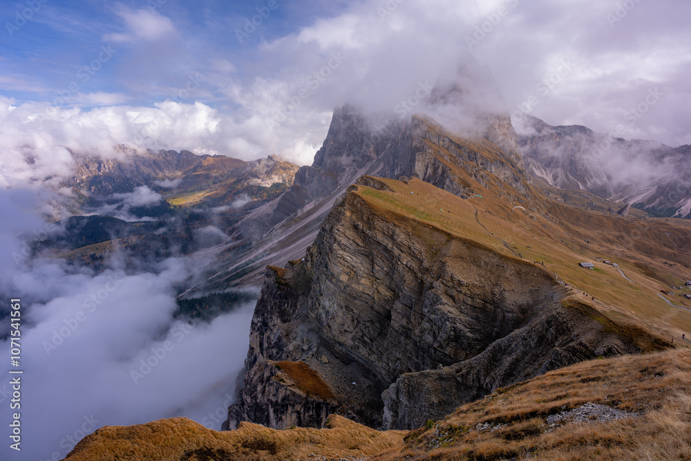 Naklejka premium The specular landscape of Seceda mountain in Autumn season, Dolomite, Italy.
