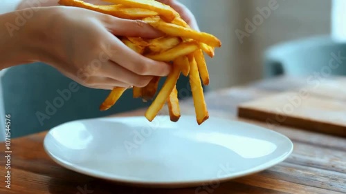 A close-up of a female hand gently dropping crispy golden French fries onto a plate, capturing the delicious moment of serving fresh, hot fries. 