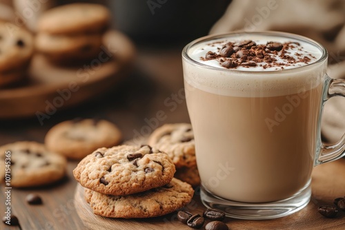 hot creamy milk in coffee is served with cookies. hot latte coffee drink in glass with cream milk on wooden table. breakfast beverage morning concept.