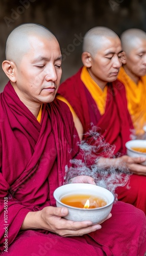 Three monks in red robes hold bowls with burning candles.