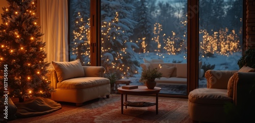 A living room filled with furniture and a christmas tree