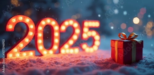 A red gift box sitting on top of a snow covered ground
