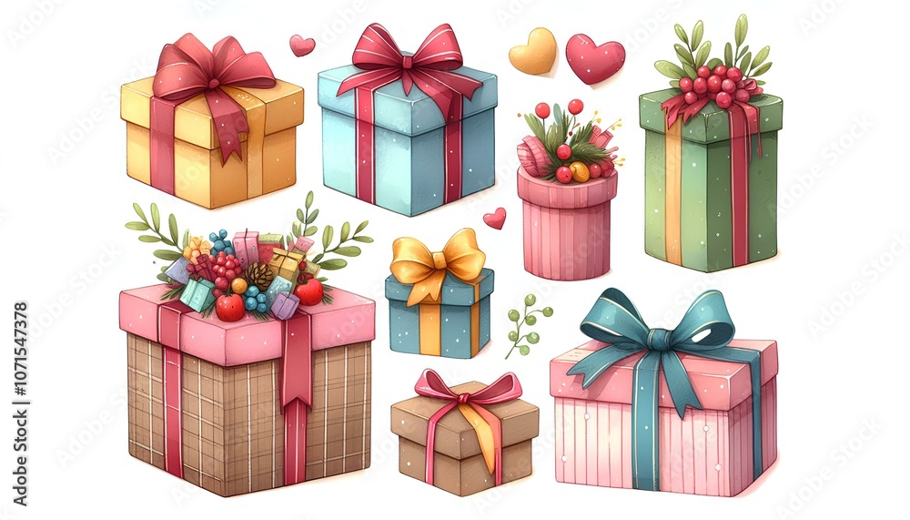 Fototapeta premium Set of gift box with ribbon, watercolor illustration