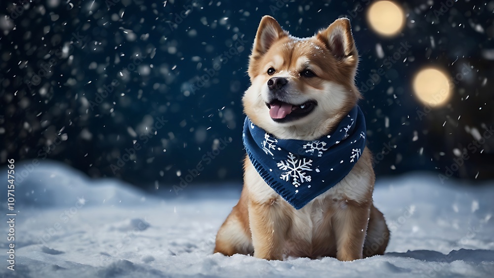 Cute little dog with blue scarf on the snow in winter background merry Christmas and happy new years 