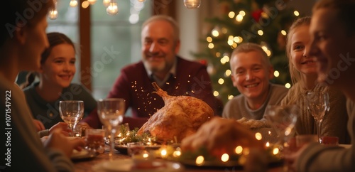 A group of people sitting around a table with a turkey
