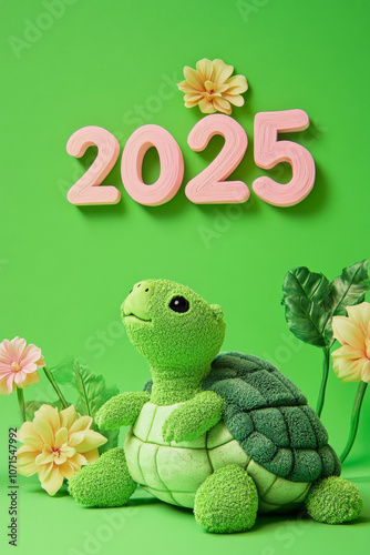 New Year Cards: 2025-themed Cute Neon Background Baby Turtle Illustrations photo