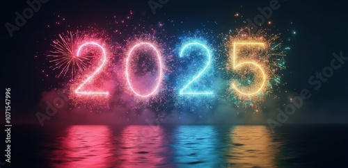 A colorful fireworks display with the number 2025 in the middle of it