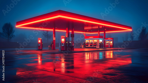 Red Neon Gas Station Illust...