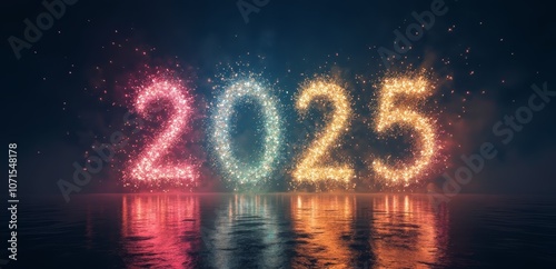 A number of fireworks in the shape of the number 2025