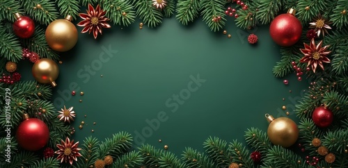 a christmas frame with red and gold ornaments on a green background