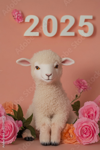 New Year Cards: 2025-themed Cute Neon Background Baby Sheep Illustrations photo