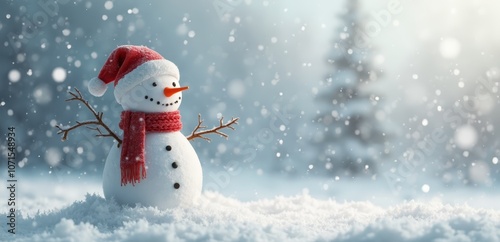 A snowman wearing a red hat and scarf in the snow