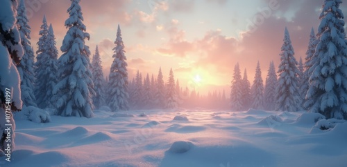 A snowy landscape with trees in the foreground and a sunset in the background