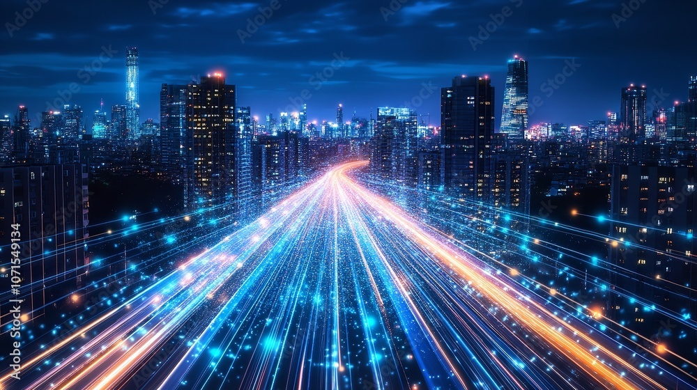 Obraz premium Smart City with Speed Line Glowing Light Trail Surround