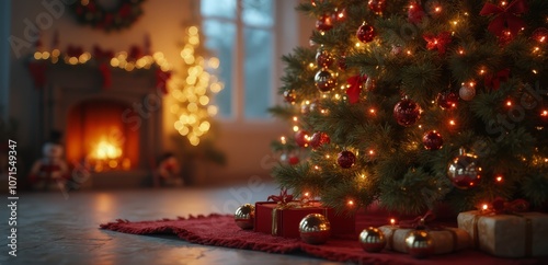 A decorated Christmas tree with presents under it in front of a fireplace