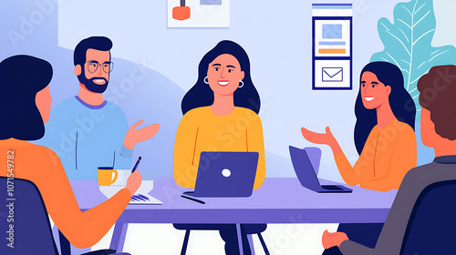A confident female leader speaking to her hybrid team, managing both in-person and remote communication smoothly during a meeting 