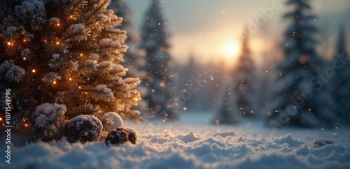 a christmas tree in the snow with lights on it