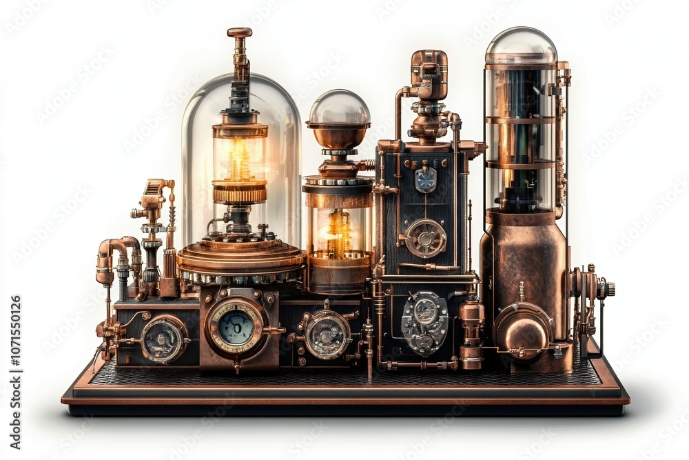 Steampunk machinery with pipes and glowing lights, artistic design, white isolated background. Steampunk machinery with pipes and glowing lights, artistic design, white isolated background.