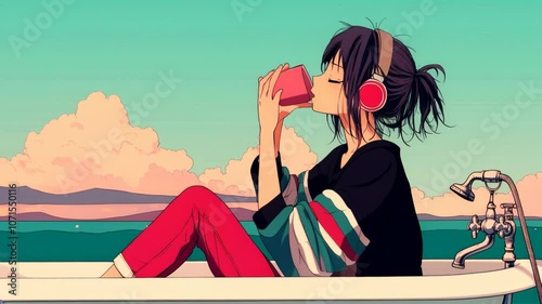 Beautiful anime girl relaxing in the bathtub listening to lofi hip hop music with headphones. Manga, cartoon drawing.