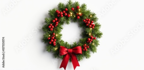 A christmas wreath with a red bow on a white background