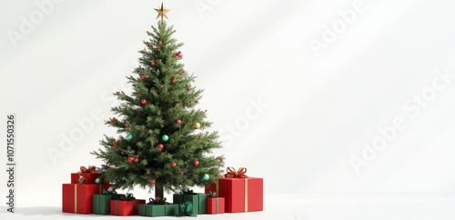 A small christmas tree with presents under it on a white background