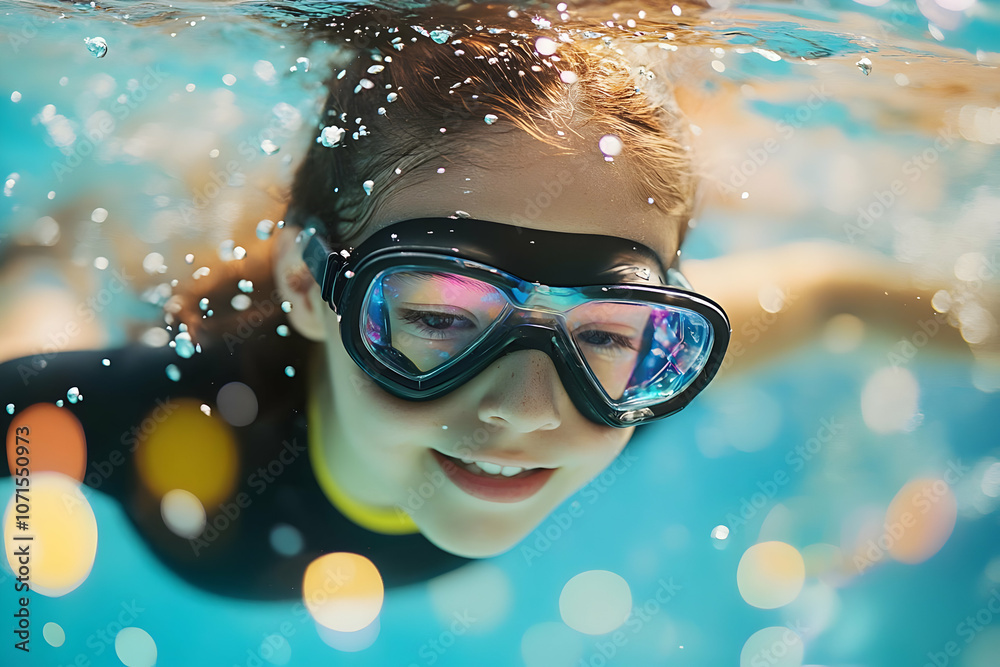 Fototapeta premium Photo Child Underwater Swimming Pool Summer Fun Happy Girl Goggles