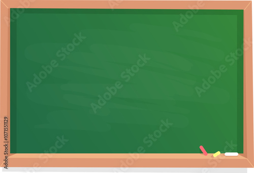 Empty green chalkboard with chalk and eraser in wooden frame represents education, teaching, learning, and back to school concepts