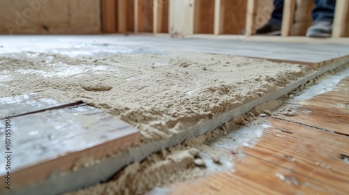 Laying down subflooring a carpenter ensures a level surface for the future flooring of the house. photo