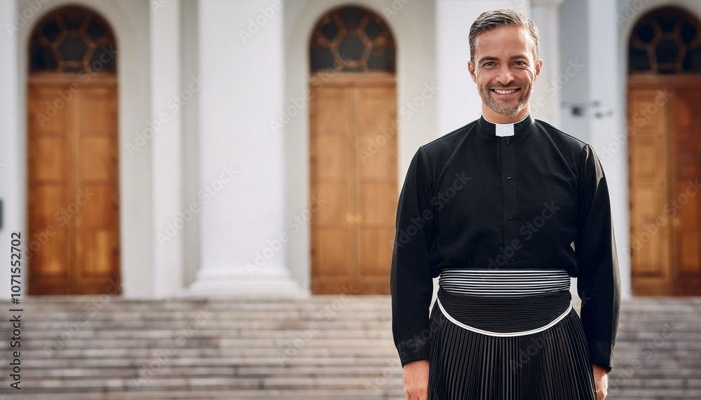 Fototapeta premium A Christian priest standing outside in front of the church and smiling