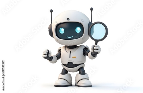 Cute little robot with a magnifying glass