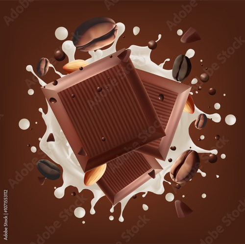Milk Chocolate coffee splash with Coffee Bean falling, 3d vector.Mesh gradient wes used