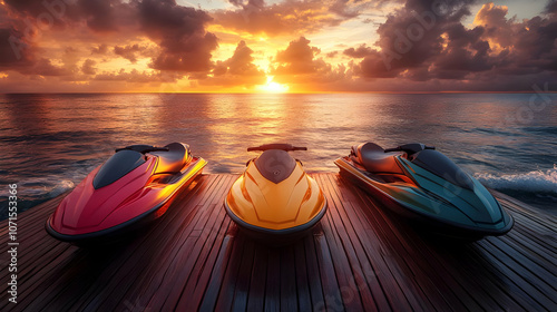 Three Jet Skis on a Wooden ...