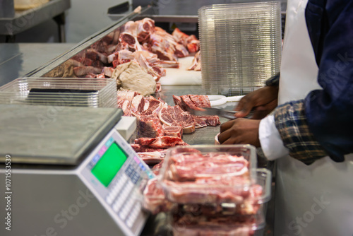 packing meat in plastic trays at the factory, beef stakes weighted on digital scale on stainless steel counter photo