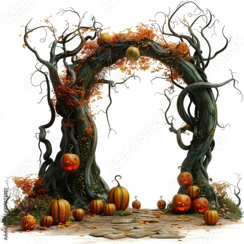 Spooky tree archway with glowing halloween pumpkins at its base is set against a white background photo