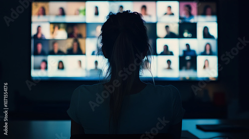 A woman leading a virtual meeting with her team, sitting in front of a large screen displaying remote participants, while in-person attendees listen  photo