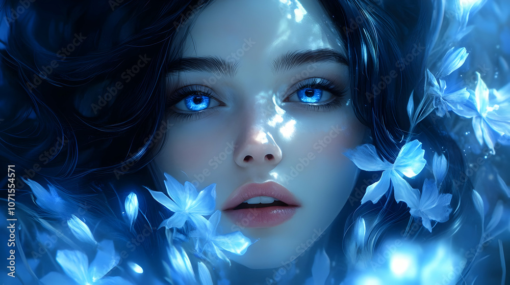 Illustration - Blue Girl, Blue Eyes, Flowers, Dark Hair Illustration - Blue Girl, Blue Eyes, Flowers, Dark Hair